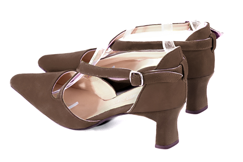 Chocolate brown women's open side shoes, with crossed straps. Tapered toe. Medium spool heels. Rear view - Florence KOOIJMAN